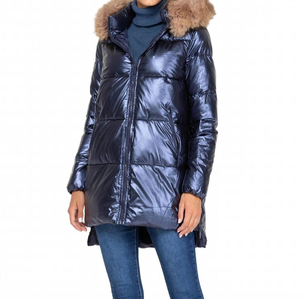 NEW TANTRA mid length jacket with faux fur in blue metallic